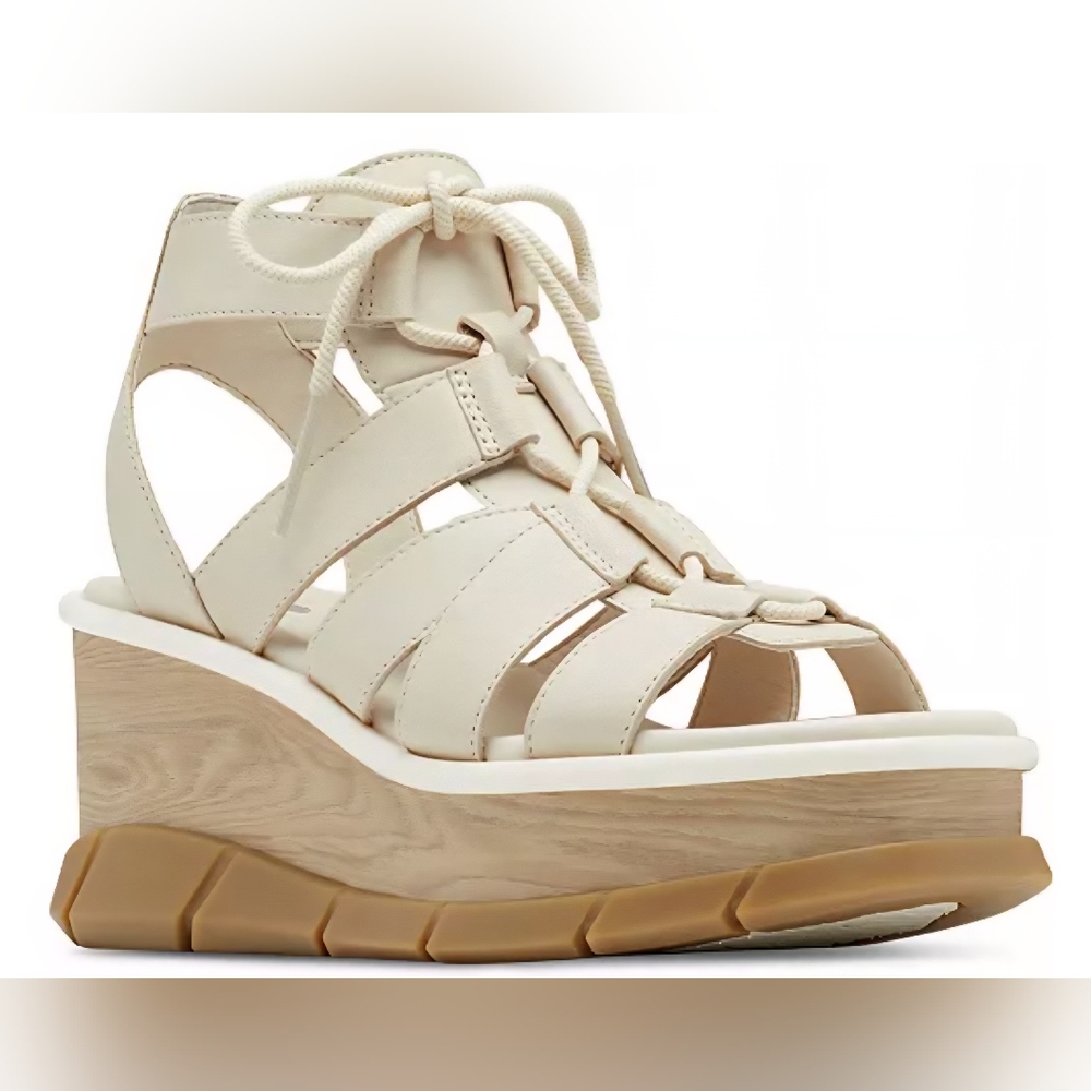 Sorel Joanie lll Lace Wedge Leather Cream Sandals Sz 9 - Picture 7 of 7